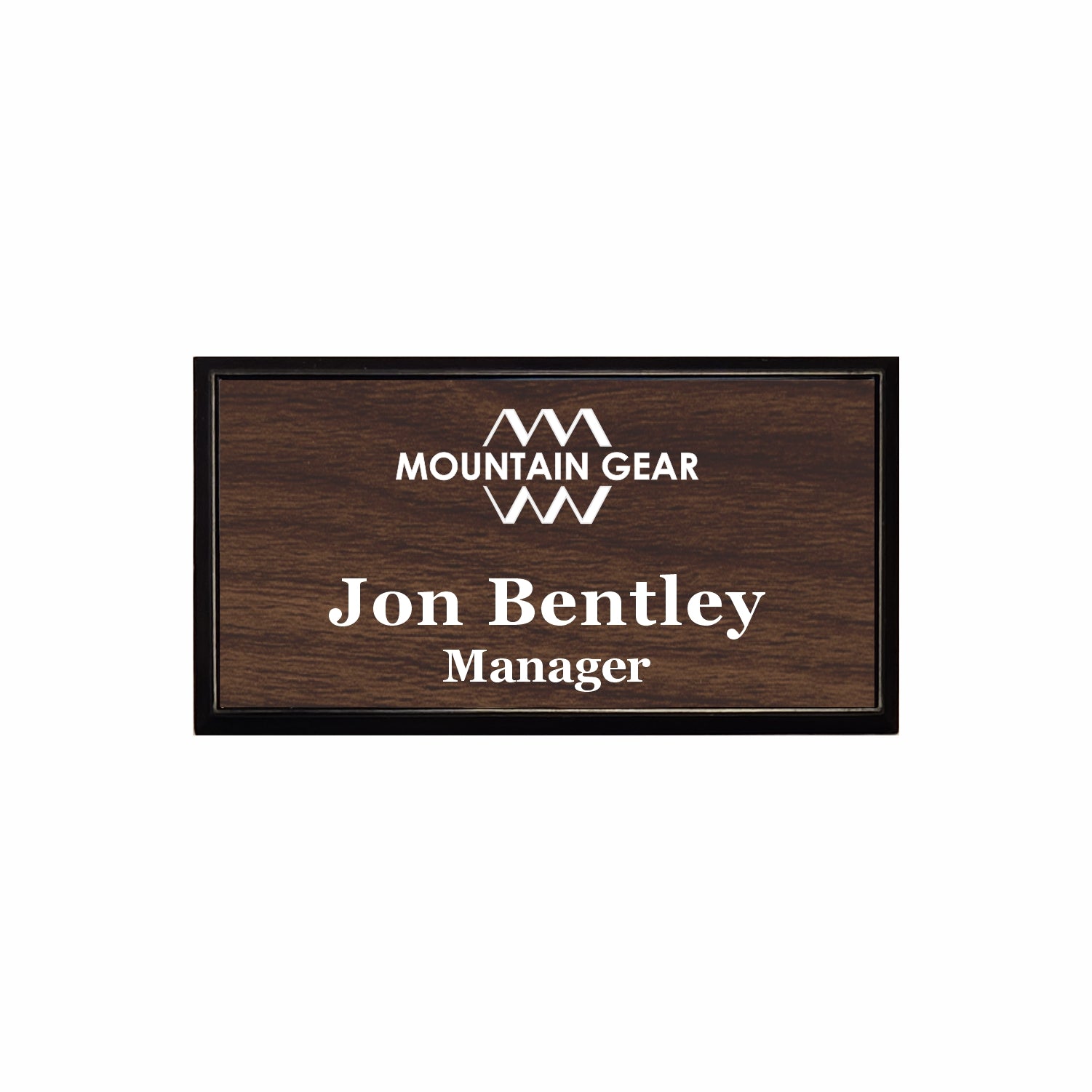 Plastic Black Framed Name Badge 1.5"x3" / Walnut/White