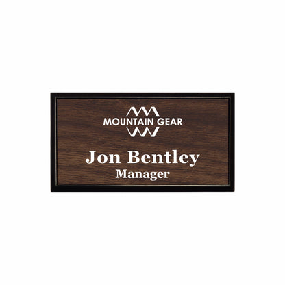 Plastic Black Framed Name Badge 1.5"x3" / Walnut/White