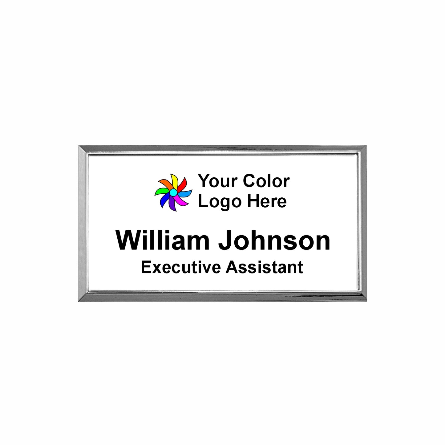 Imprinted Silver Framed Name Badge 1.5"x3" / White