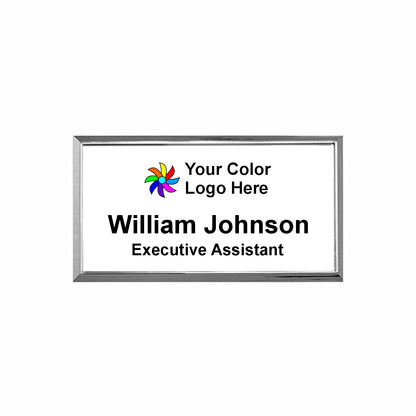 Imprinted Silver Framed Name Badge 1.5"x3" / White