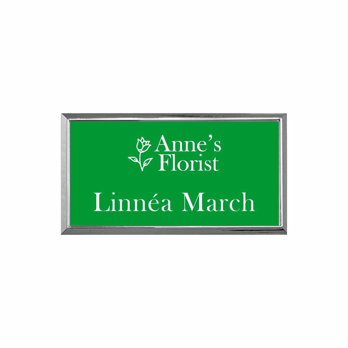 Plastic Silver Framed Name Badge 1.5"x3" / Green/White