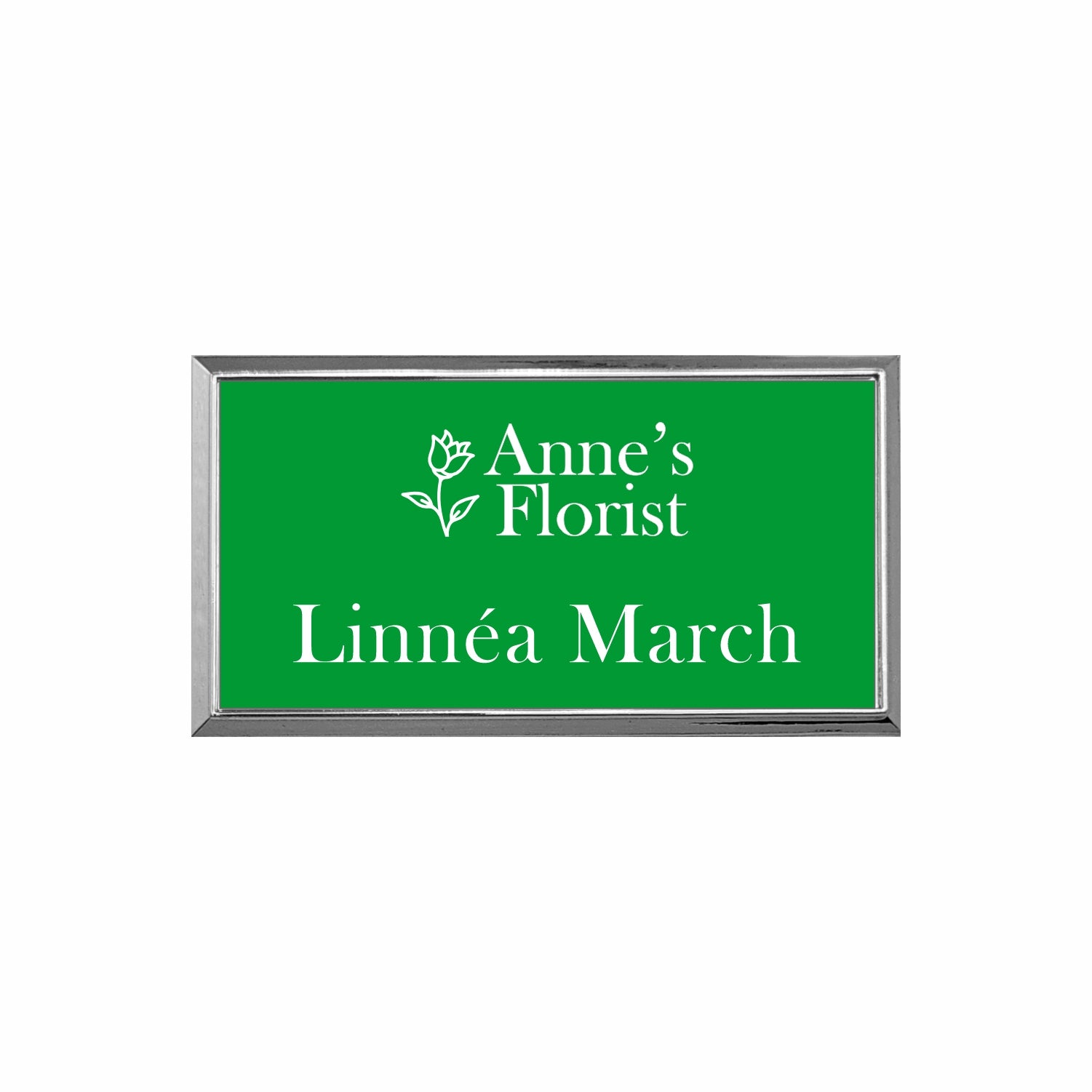 Plastic Silver Framed Name Badge 1.5"x3" / Green/White