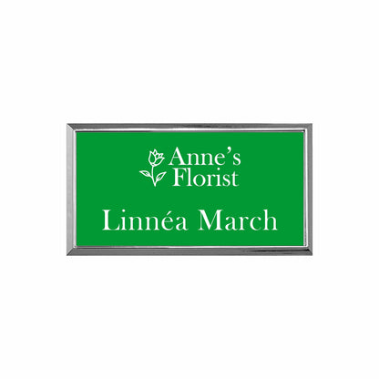 Plastic Silver Framed Name Badge 1.5"x3" / Green/White