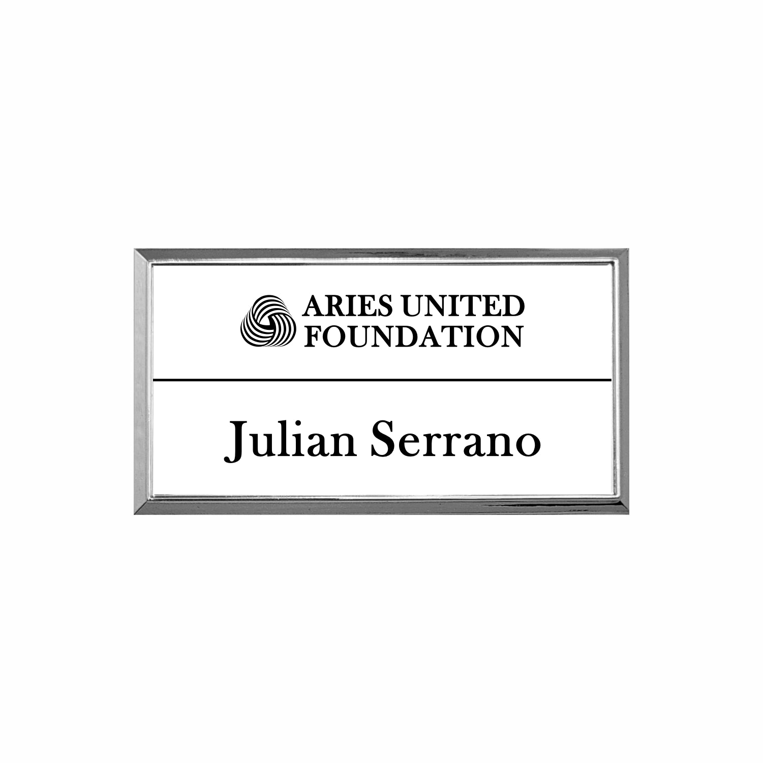 Plastic Silver Framed Name Badge 1.5"x3" / White/Black