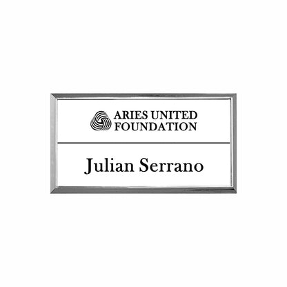 Plastic Silver Framed Name Badge 1.5"x3" / White/Black