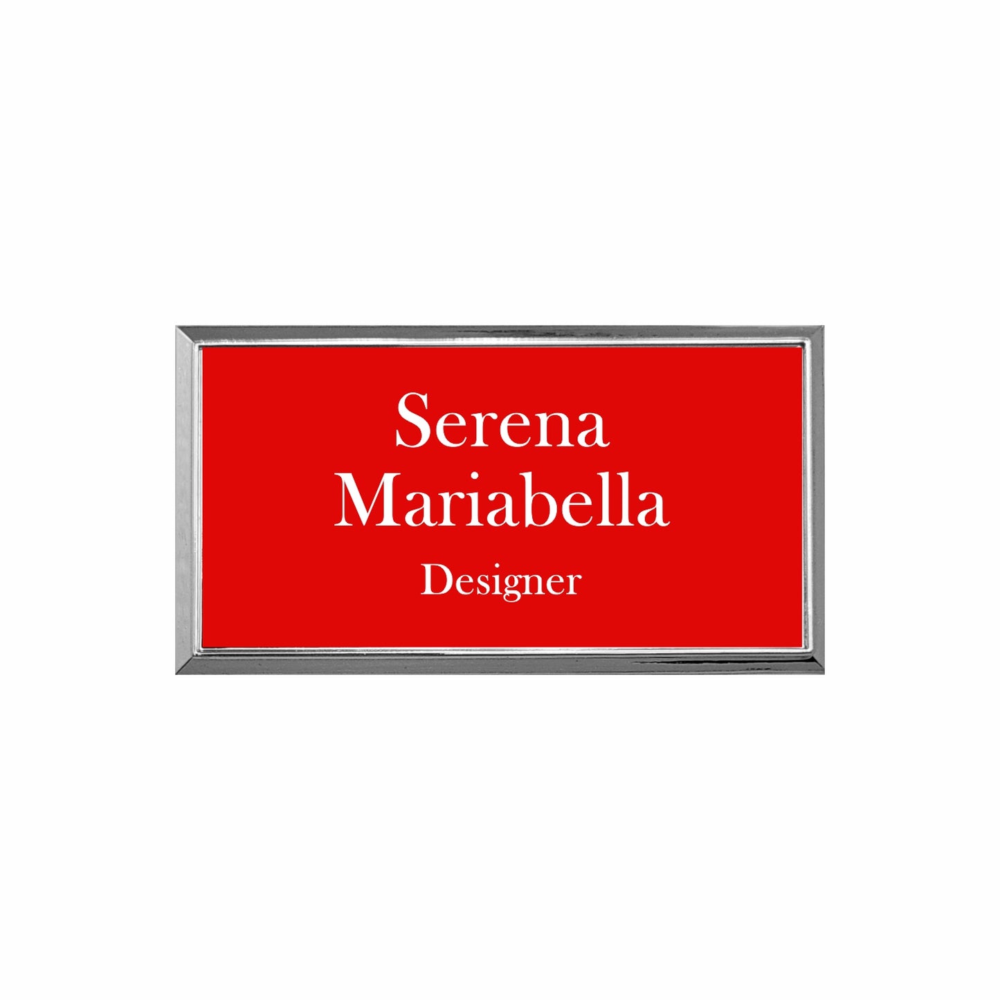 Plastic Silver Framed Name Badge 1.5"x3" / Red/White