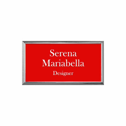 Plastic Silver Framed Name Badge 1.5"x3" / Red/White
