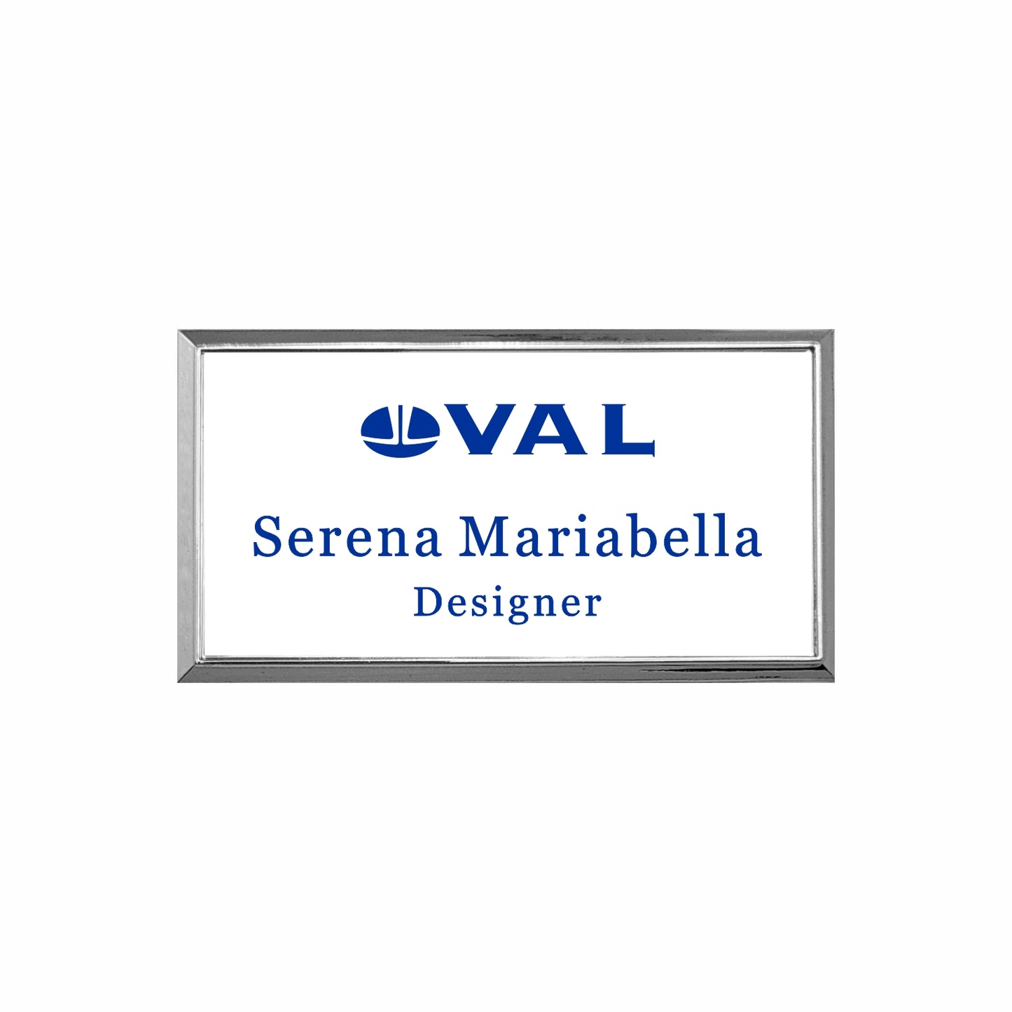 Plastic Silver Framed Name Badge 1.5"x3" / White/Blue