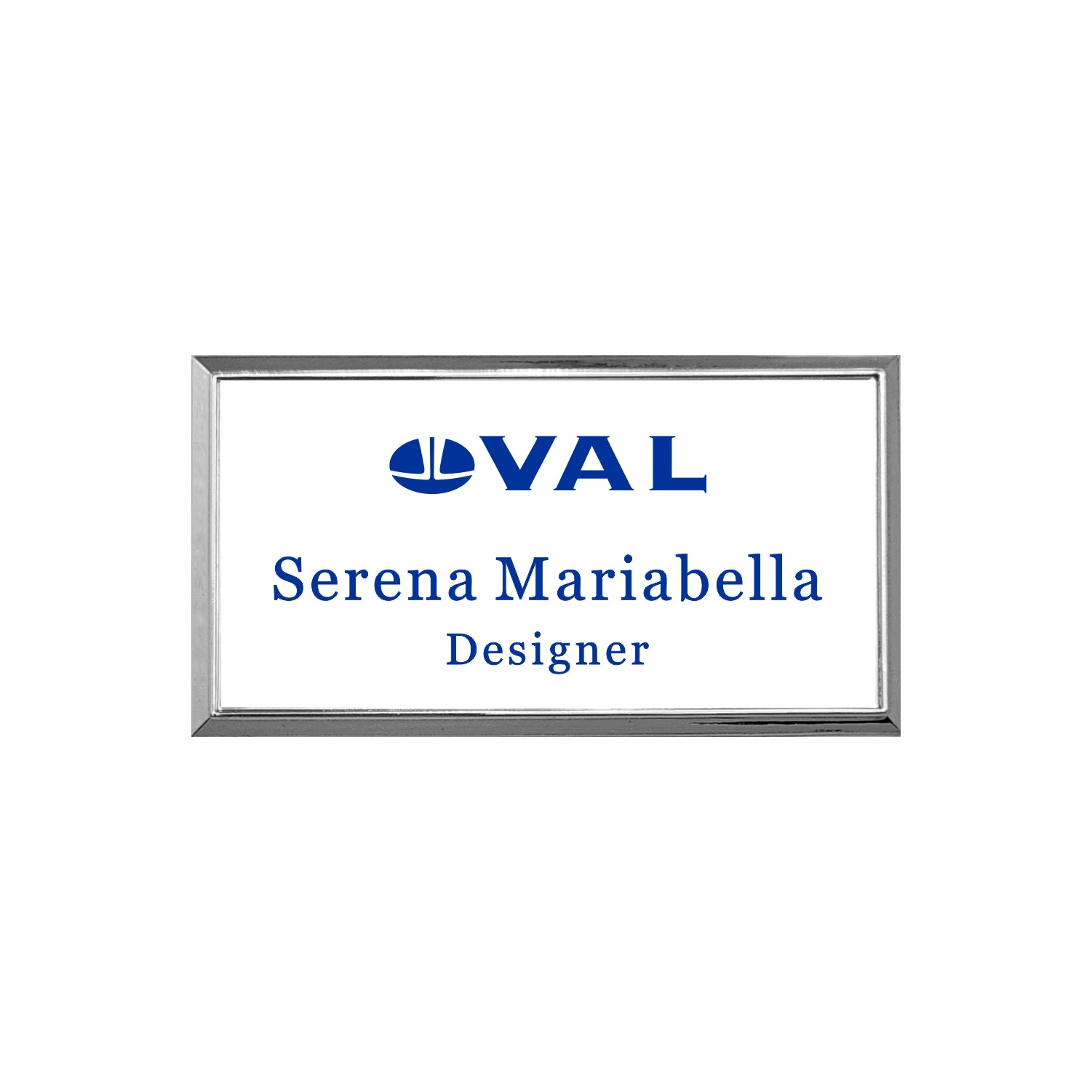 Plastic Silver Framed Name Badge 1.5"x3" / White/Blue