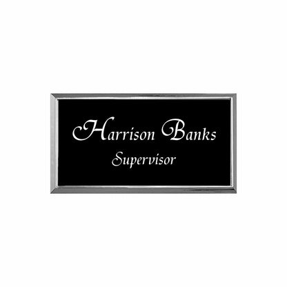 Plastic Silver Framed Name Badge 1.5"x3" / Black/White
