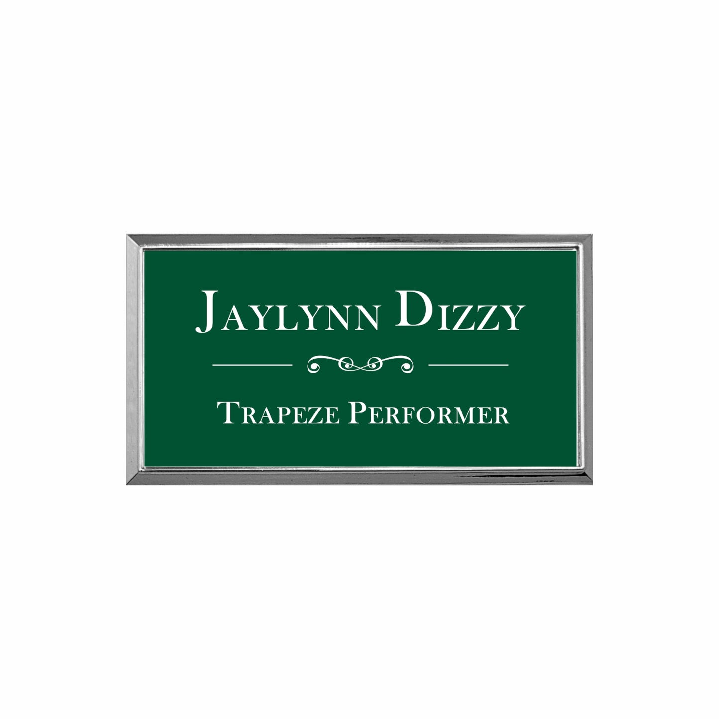 Plastic Silver Framed Name Badge 1.5"x3" / Forest/White