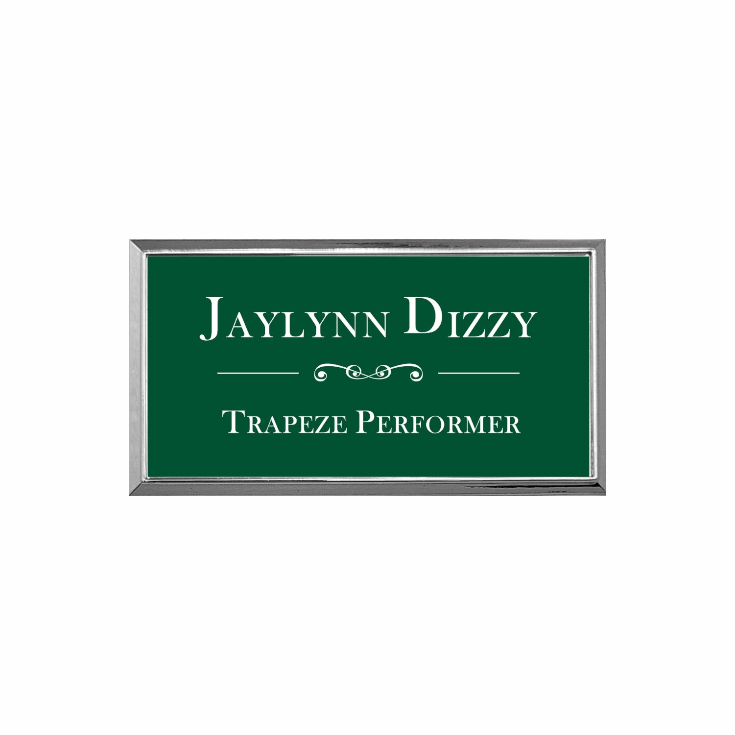 Plastic Silver Framed Name Badge 1.5"x3" / Forest/White