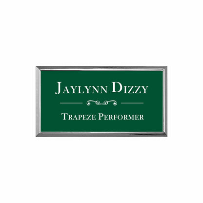 Plastic Silver Framed Name Badge 1.5"x3" / Forest/White