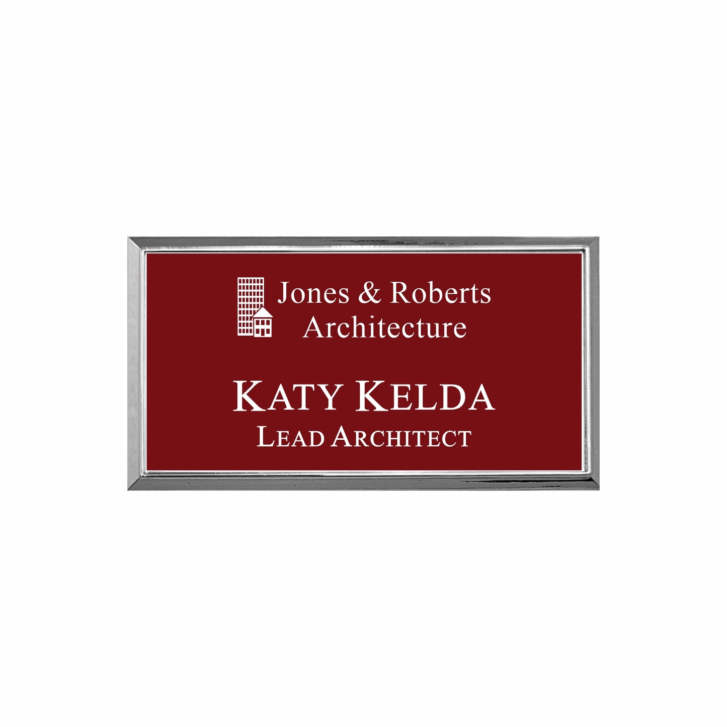 Plastic Silver Framed Name Badge 1.5"x3" / Burgandy/White