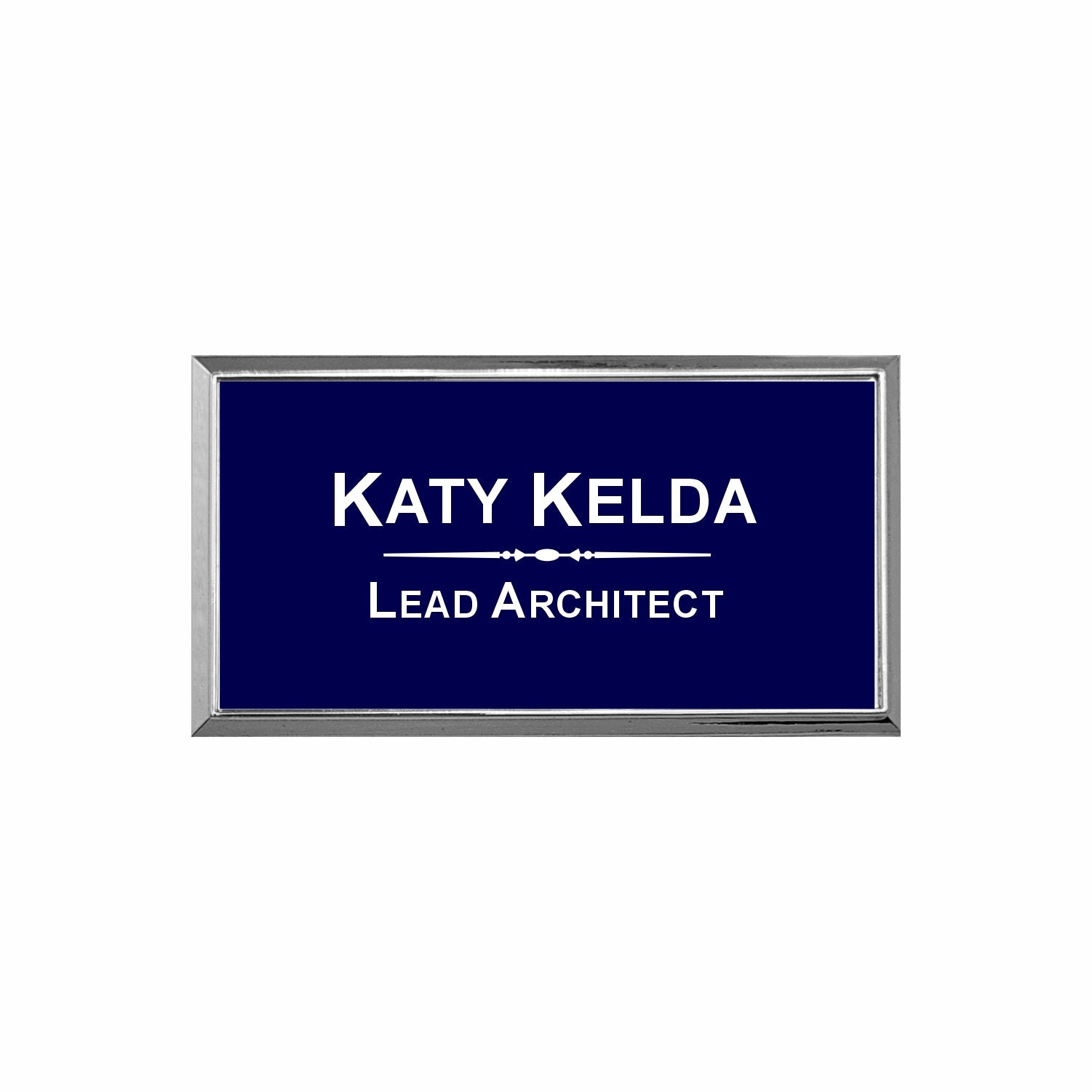 Plastic Silver Framed Name Badge 1.5"x3" / Navy/White