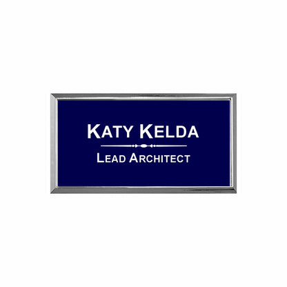 Plastic Silver Framed Name Badge 1.5"x3" / Navy/White