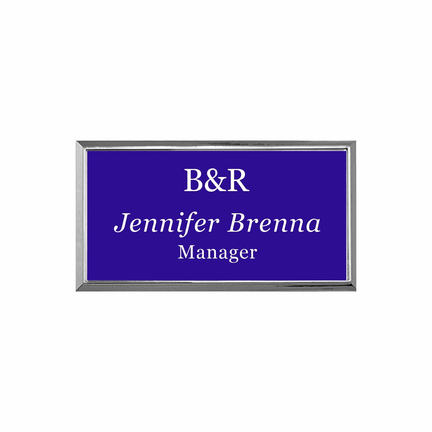 Plastic Silver Framed Name Badge 1.5"x3" / Purple/White