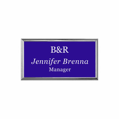 Plastic Silver Framed Name Badge 1.5"x3" / Purple/White