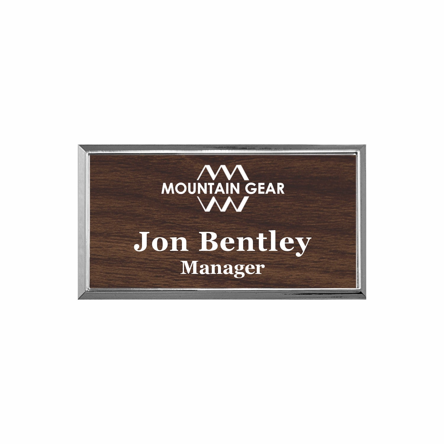 Plastic Silver Framed Name Badge 1.5"x3" / Walnut/White