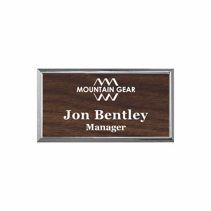 Plastic Silver Framed Name Badge 1.5"x3" / Walnut/White