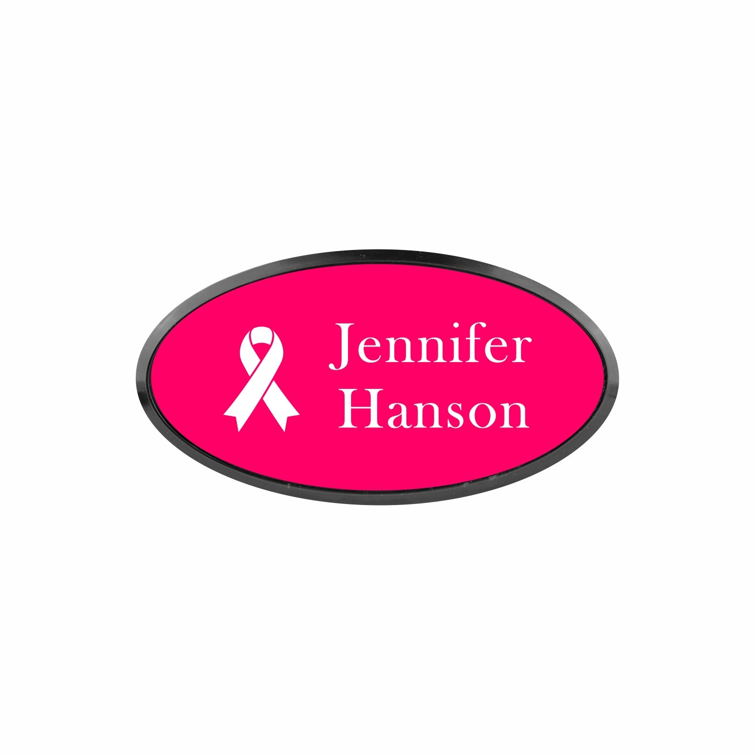 Plastic Black Framed Name Badge 1.5"x3" - Oval / Pink/White