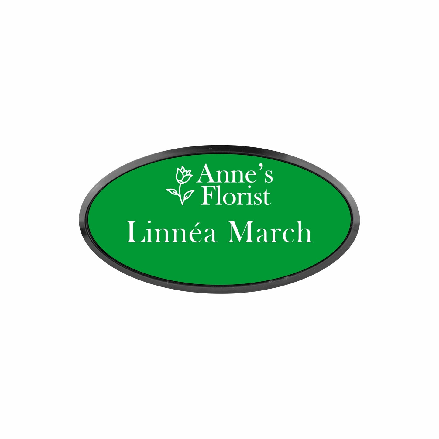 Plastic Black Framed Name Badge 1.5"x3" - Oval / Green/White