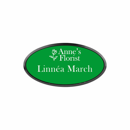 Plastic Black Framed Name Badge 1.5"x3" - Oval / Green/White