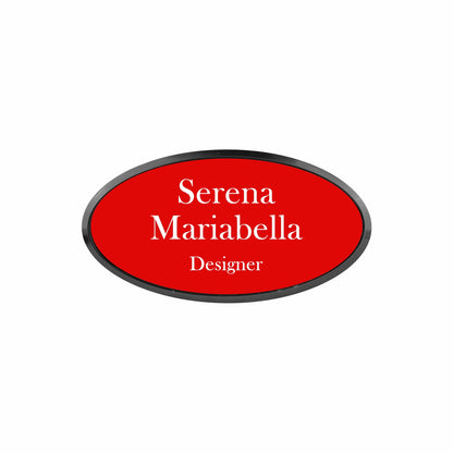 Plastic Black Framed Name Badge 1.5"x3" - Oval / Red/White