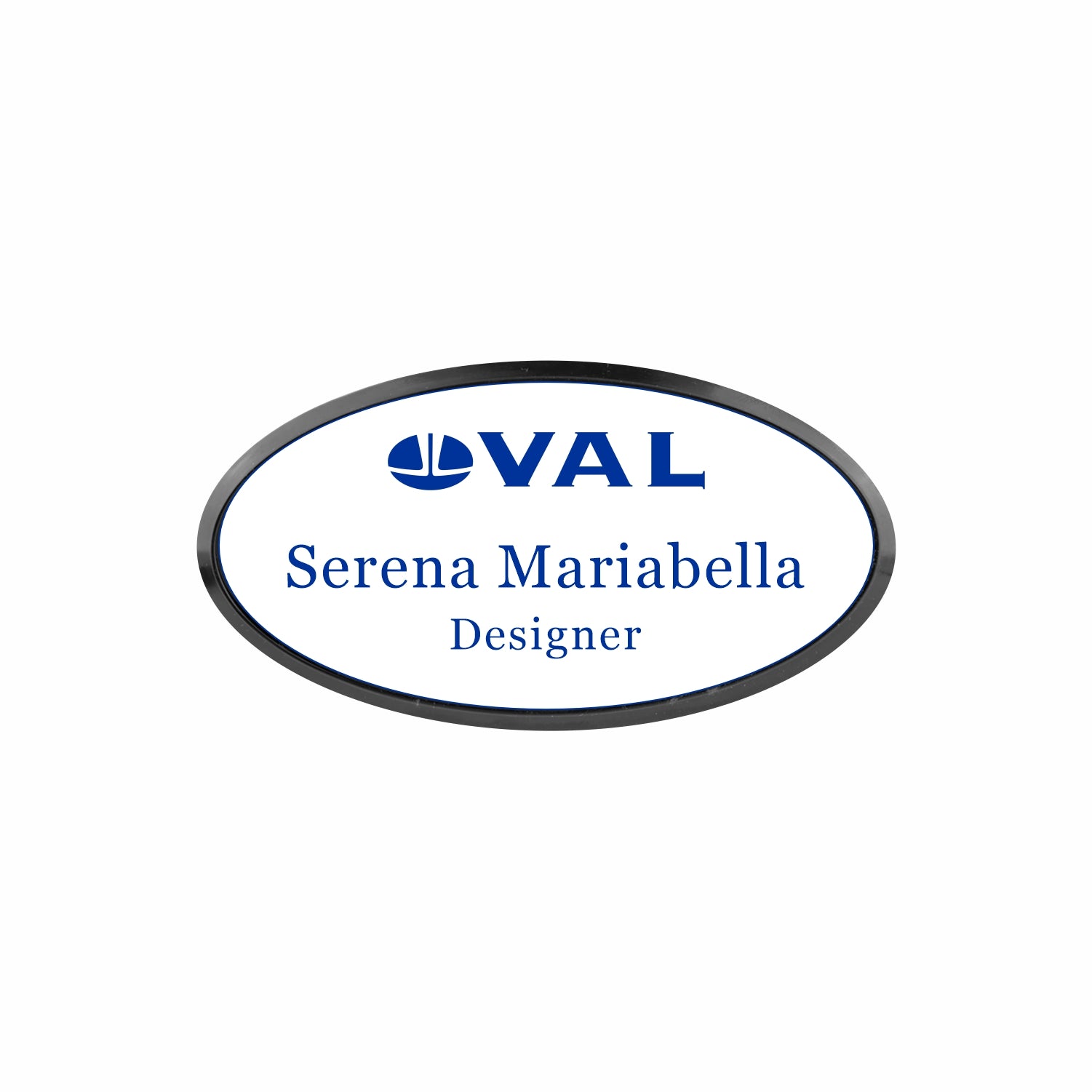 Plastic Black Framed Name Badge 1.5"x3" - Oval / White/Blue