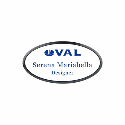 Plastic Black Framed Name Badge 1.5"x3" - Oval / White/Blue