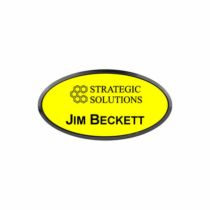 Plastic Black Framed Name Badge 1.5"x3" - Oval / Yellow/Black