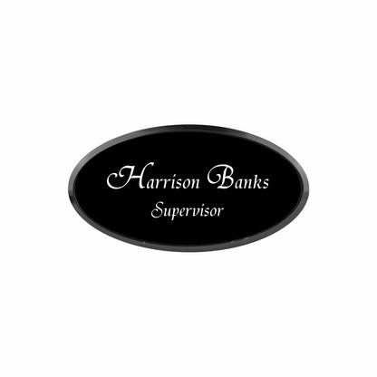 Plastic Black Framed Name Badge 1.5"x3" - Oval / Black/White