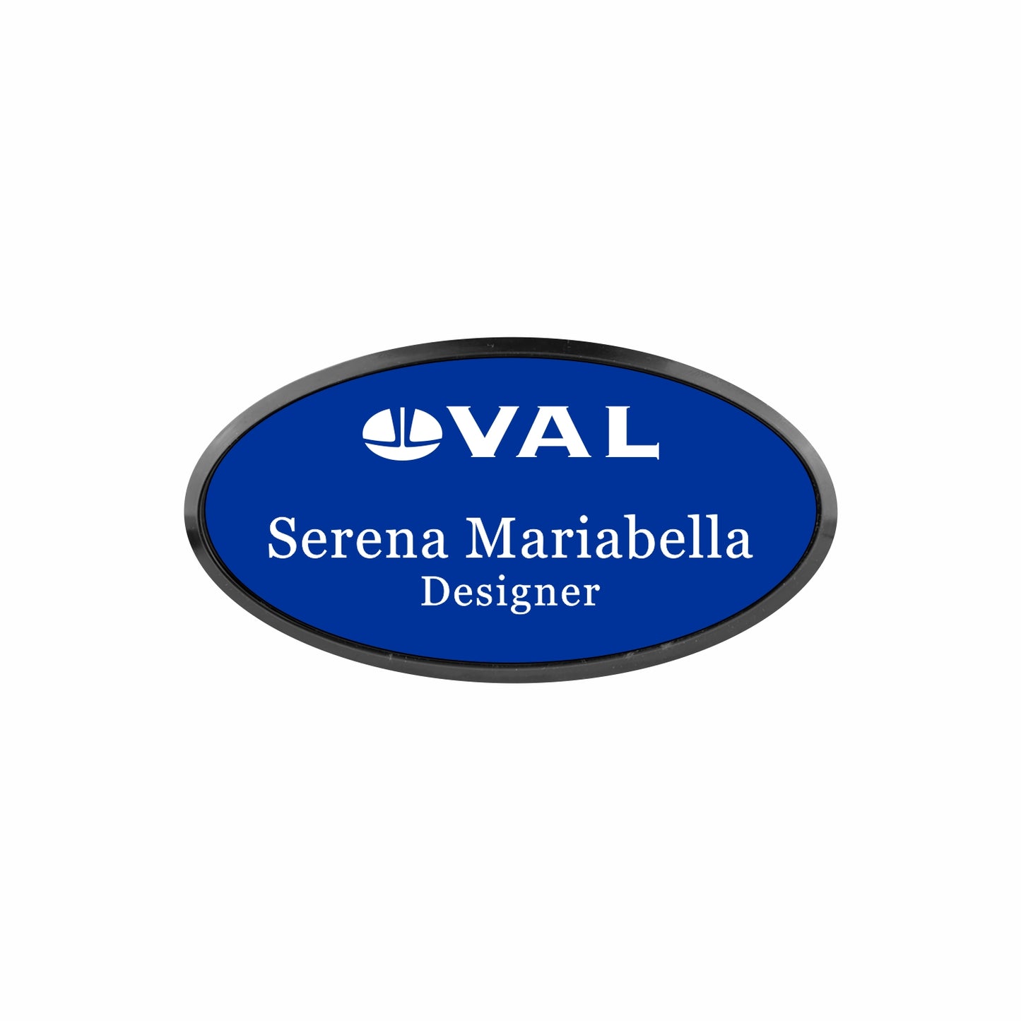 Plastic Black Framed Name Badge 1.5"x3" - Oval / Blue/White