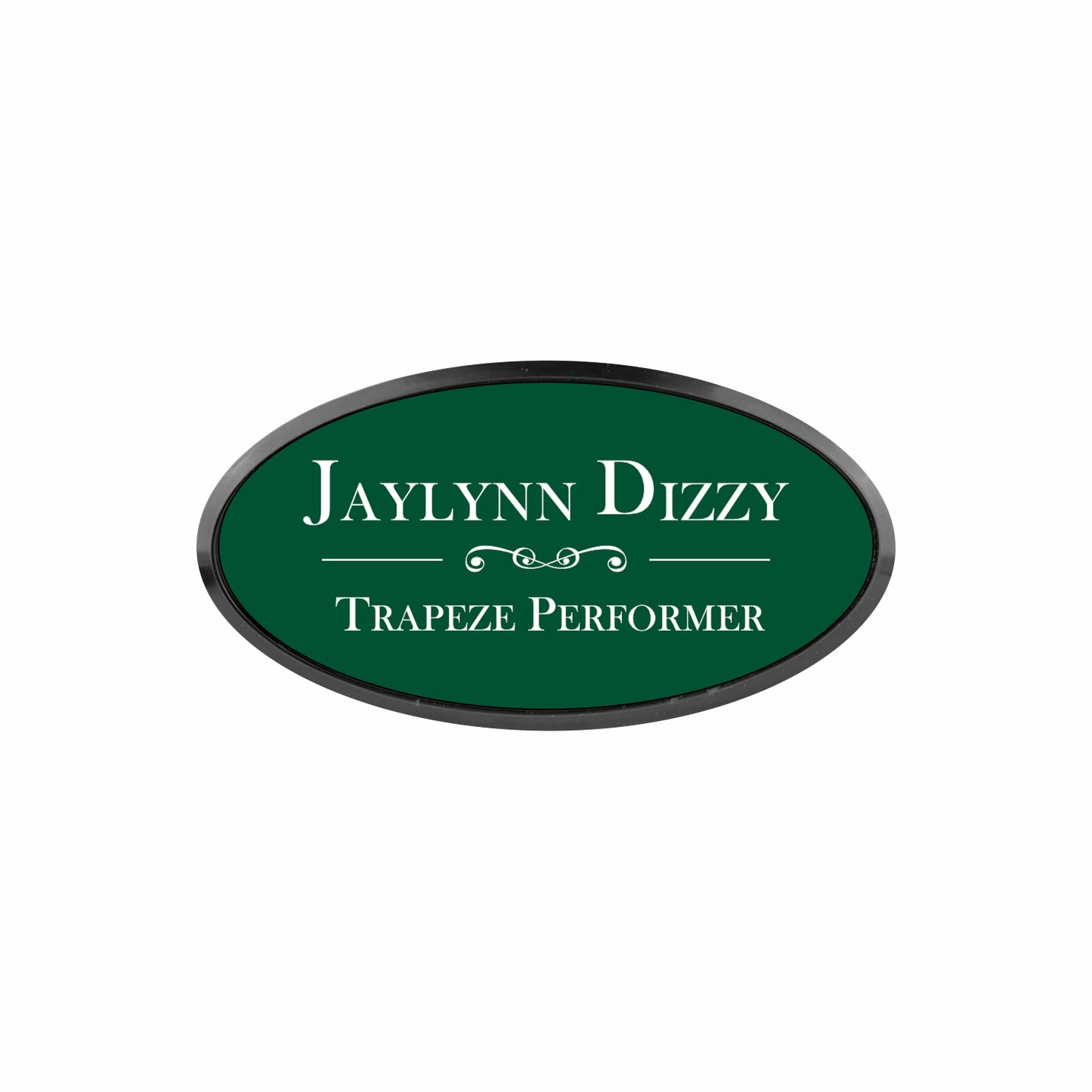 Plastic Black Framed Name Badge 1.5"x3" - Oval / Forest/White