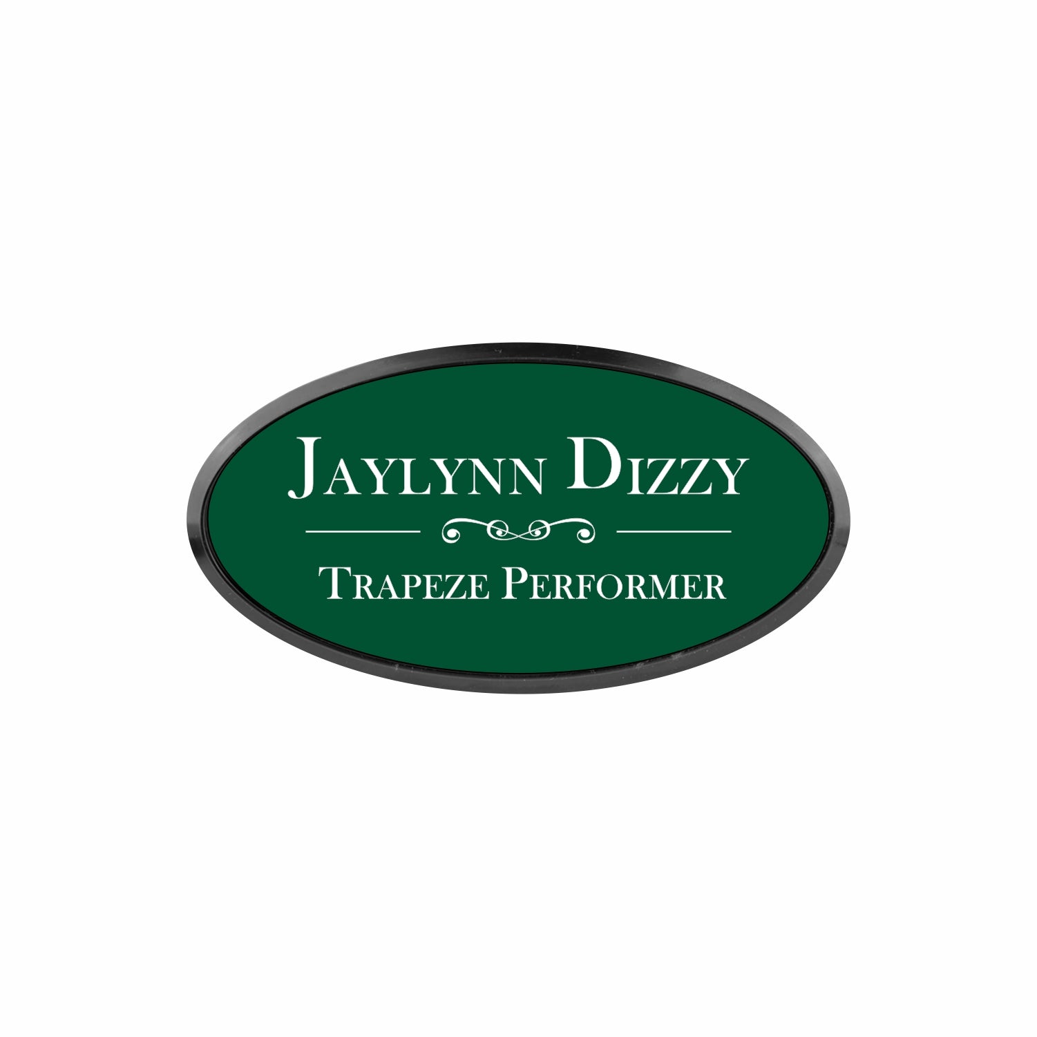 Plastic Black Framed Name Badge 1.5"x3" - Oval / Forest/White