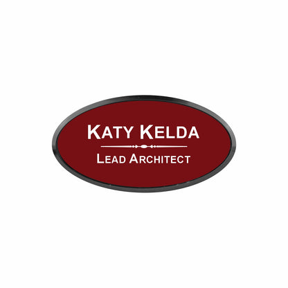 Plastic Black Framed Name Badge 1.5"x3" - Oval / Burgandy/White