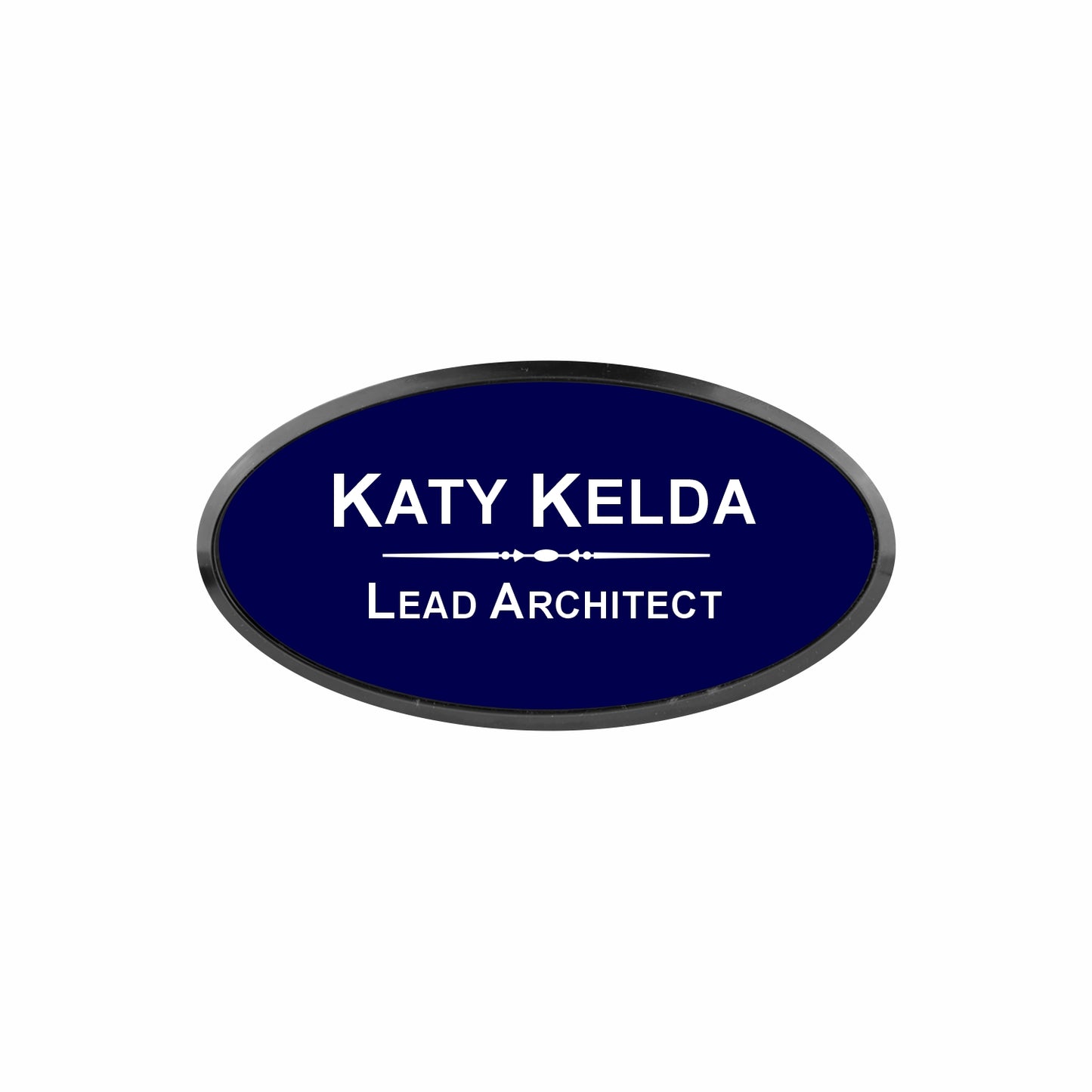 Plastic Black Framed Name Badge 1.5"x3" - Oval / Navy/White