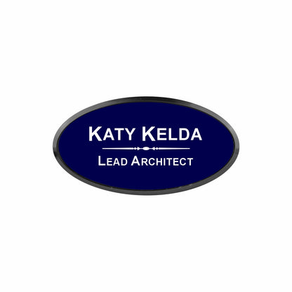 Plastic Black Framed Name Badge 1.5"x3" - Oval / Navy/White