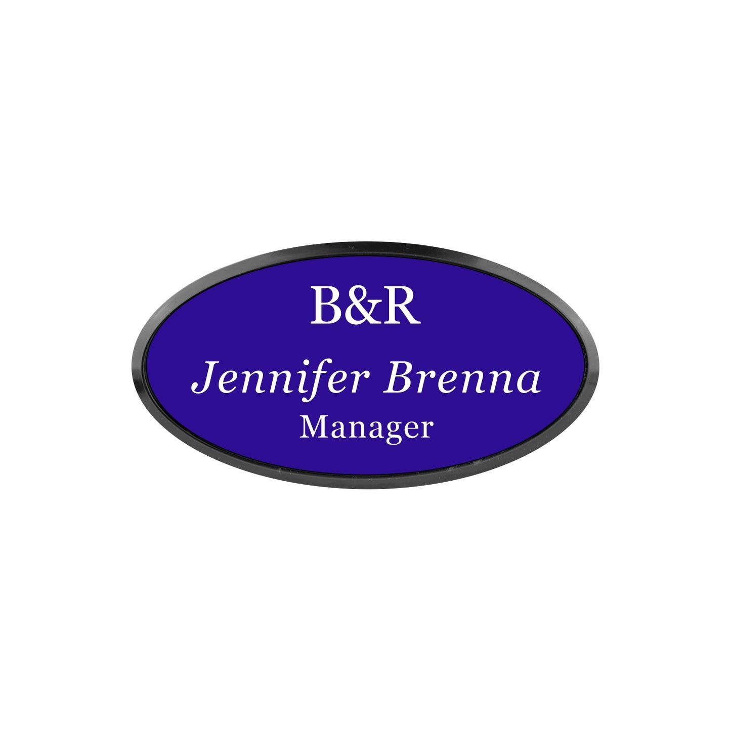 Plastic Black Framed Name Badge 1.5"x3" - Oval / Purple/White