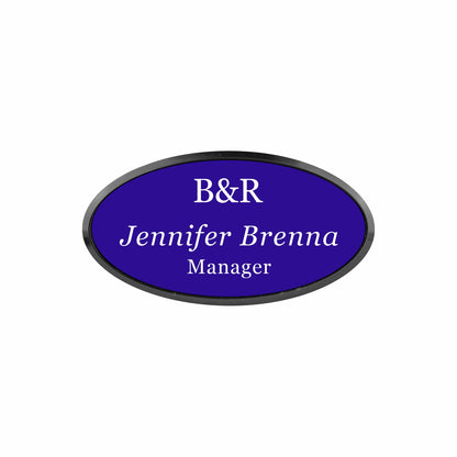 Plastic Black Framed Name Badge 1.5"x3" - Oval / Purple/White