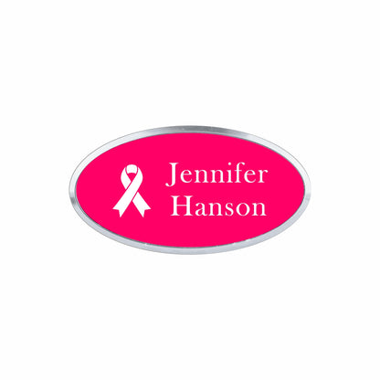Plastic Silver Framed Name Badge 1.5"x3" - Oval / Pink/White