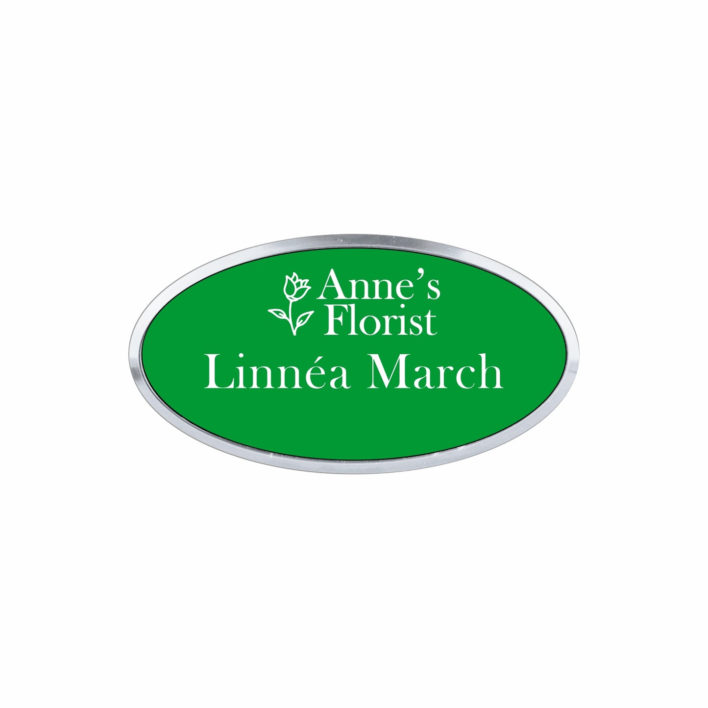 Plastic Silver Framed Name Badge 1.5"x3" - Oval / Green/White