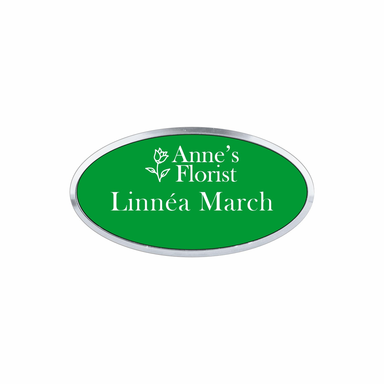 Plastic Silver Framed Name Badge 1.5"x3" - Oval / Green/White