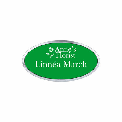 Plastic Silver Framed Name Badge 1.5"x3" - Oval / Green/White