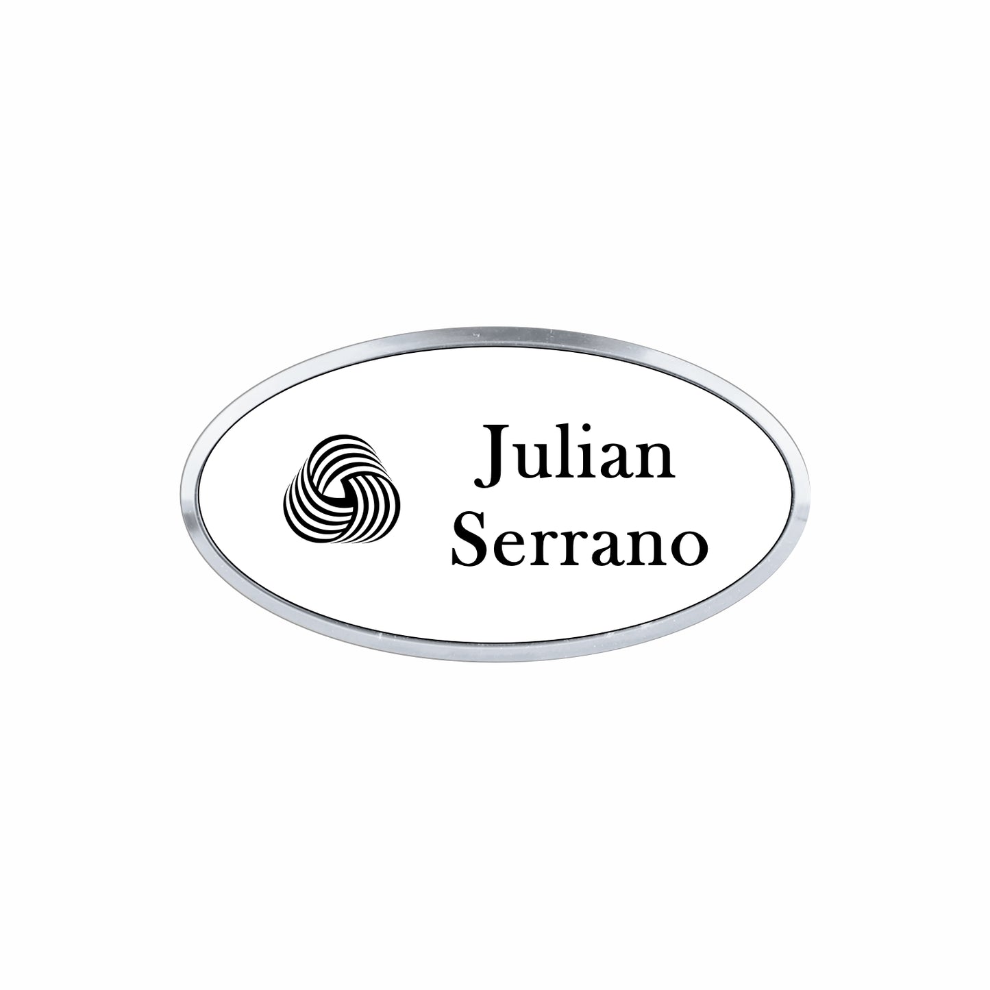 Plastic Silver Framed Name Badge 1.5"x3" - Oval / White/Black