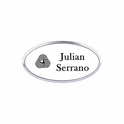 Plastic Silver Framed Name Badge 1.5"x3" - Oval / White/Black