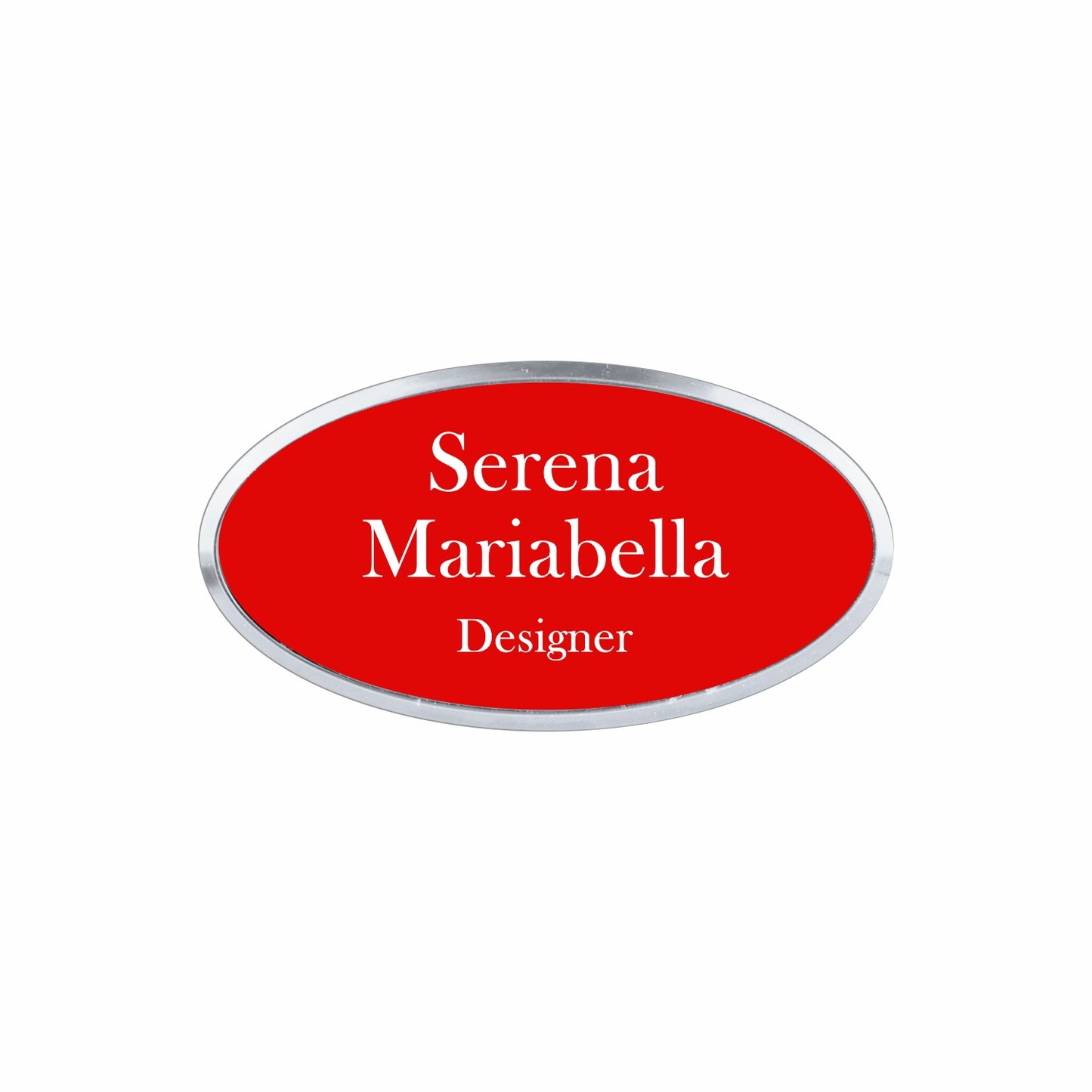 Plastic Silver Framed Name Badge 1.5"x3" - Oval / Red/White