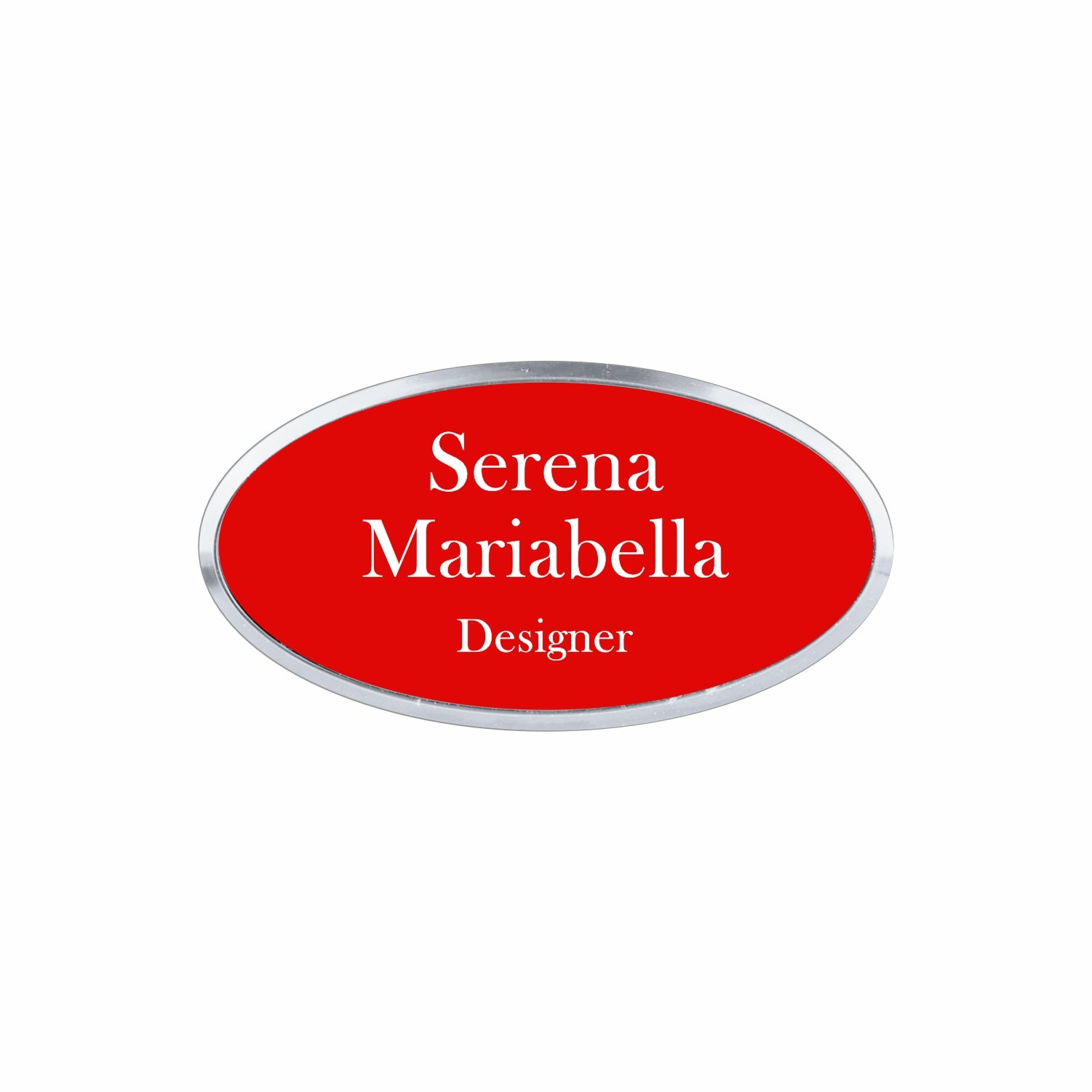 Plastic Silver Framed Name Badge 1.5"x3" - Oval / Red/White
