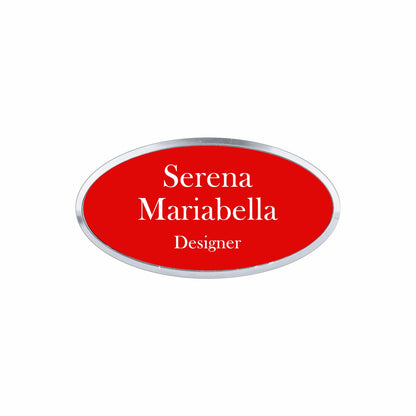Plastic Silver Framed Name Badge 1.5"x3" - Oval / Red/White