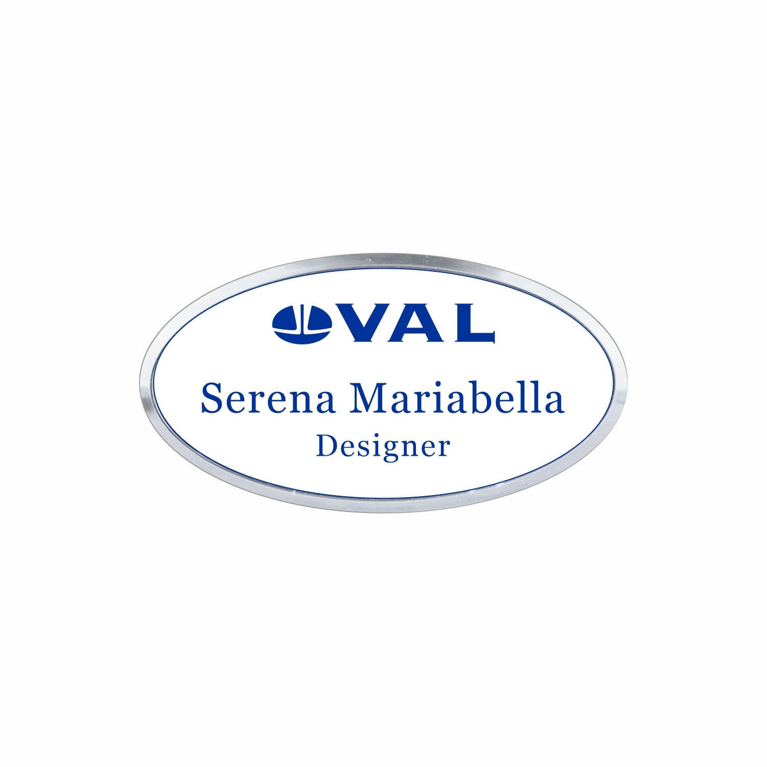 Plastic Silver Framed Name Badge 1.5"x3" - Oval / White/Blue